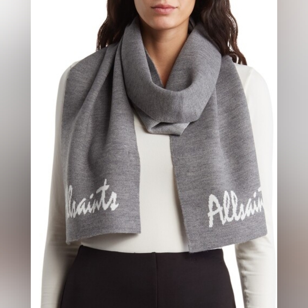 All Saints Gray Logo Jacquard Scarf